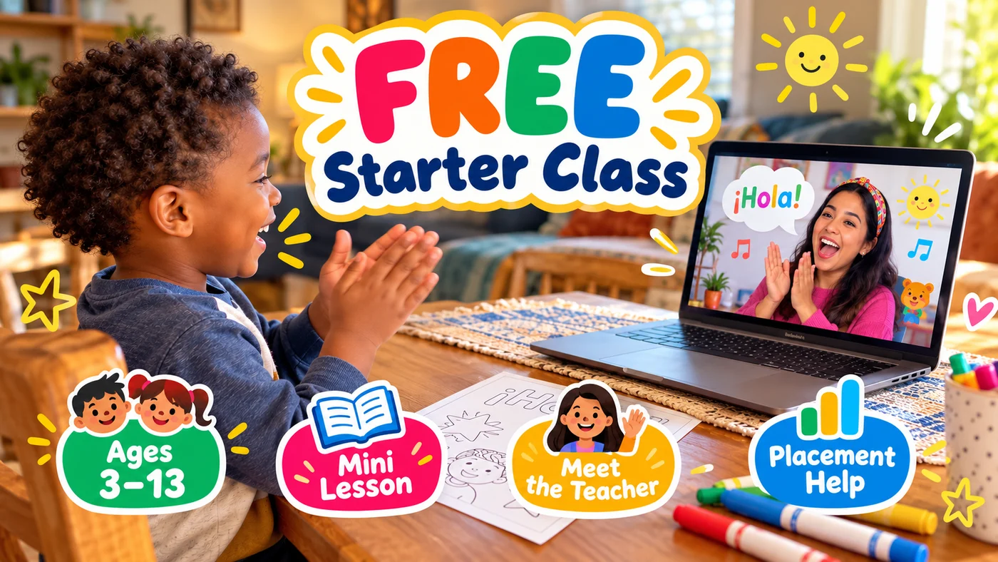 FREE Starter Class: a boy claps at his laptop while his teacher waves hola. Ages 3 to 13, mini lesson, meet the teacher, placement help.
