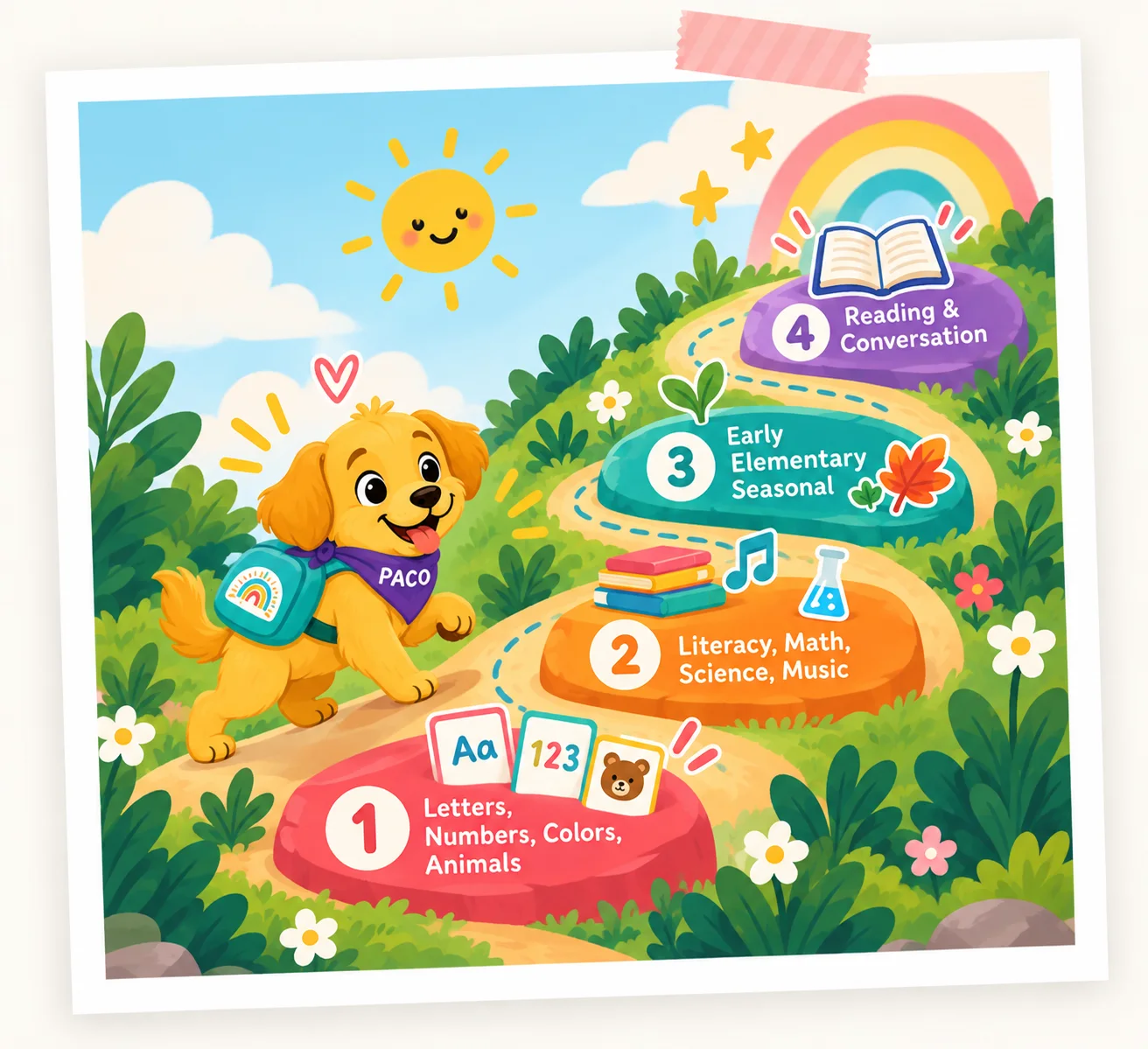 Our learning pathway: Paco the dog walks a garden path through four numbered stages. 1 Letters, Numbers, Colors, Animals. 2 Literacy, Math, Science, Music. 3 Early Elementary Seasonal. 4 Reading and Conversation.