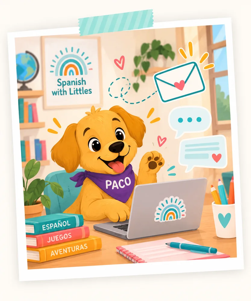Illustrated postcard of Paco the dog at his laptop, with an envelope, message bubbles and books labelled Espa&ntilde;ol, Juegos and Aventuras