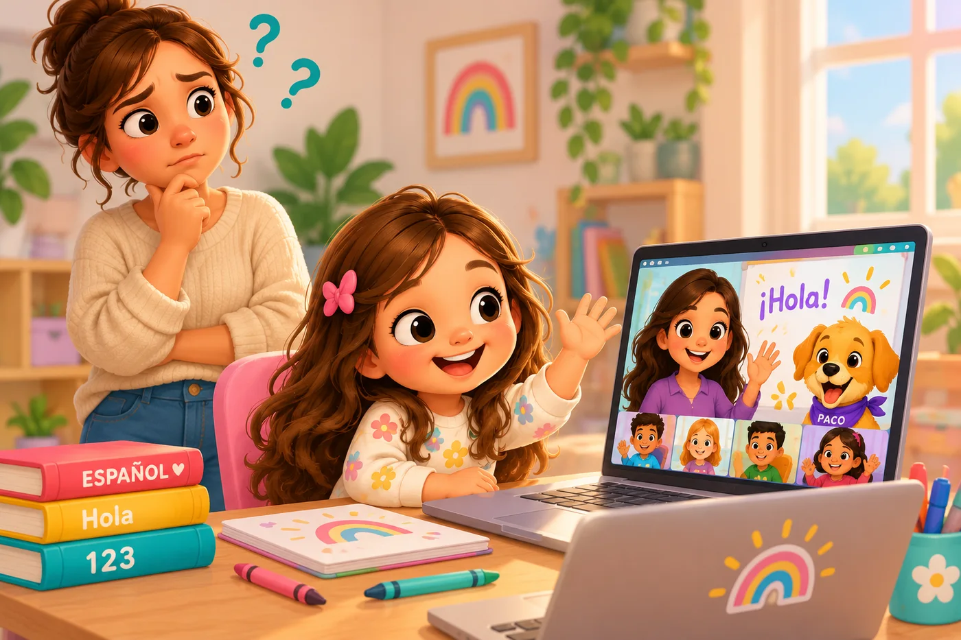 Illustration of a mother and daughter at a laptop, waving hola to a teacher and classmates on screen