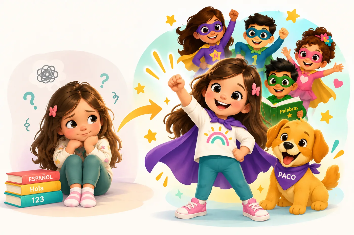 Illustration of a shy girl sitting with her books next to the same girl as a confident superhero, cheered on by the Spanish with Littles team and Paco the dog