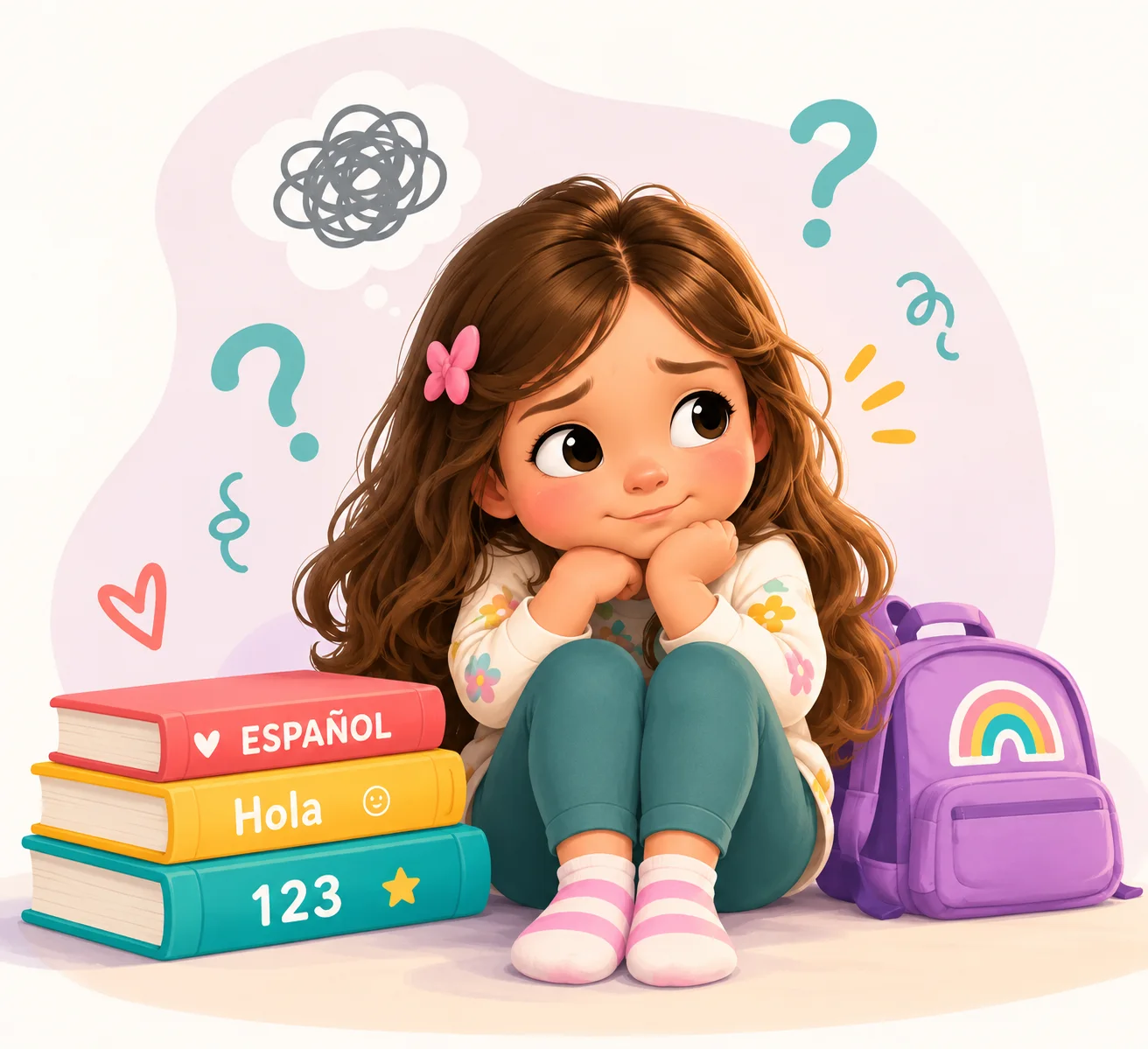 Before: illustration of a shy girl sitting quietly with her Spanish books and backpack, question marks floating around her