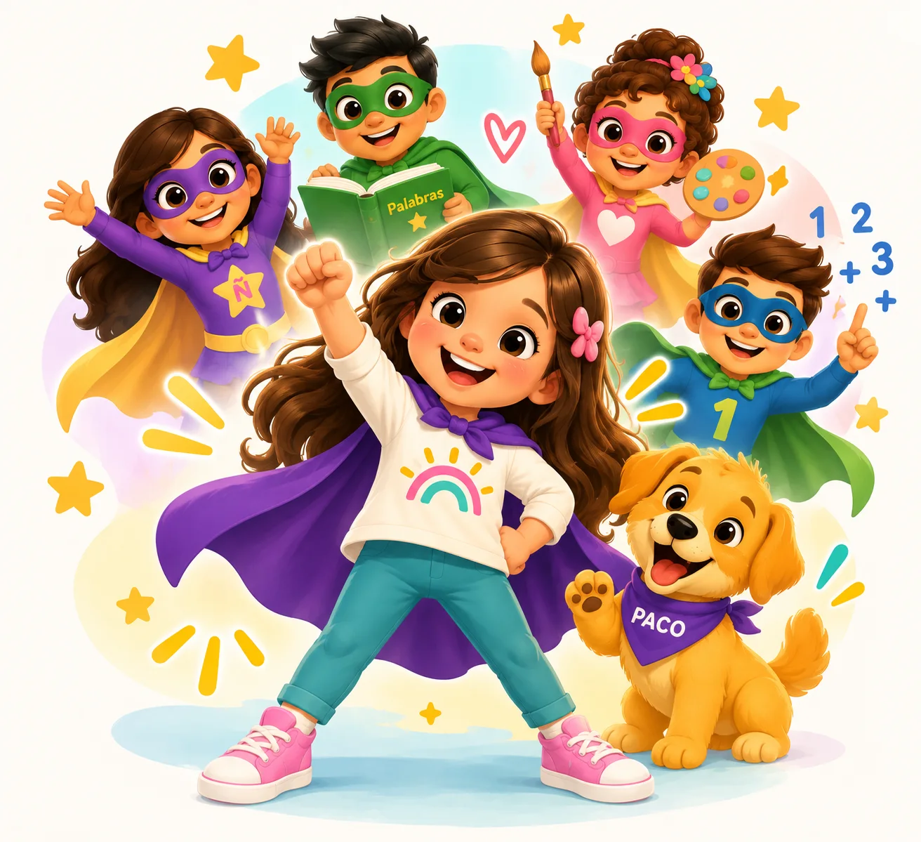 After: the same girl as a confident Spanish superhero, cheered on by the superhero team and Paco the dog