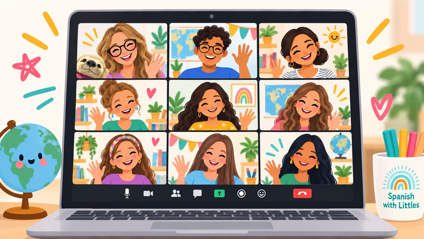 Illustration of a laptop showing a video call with nine smiling children, beside a globe and a Spanish with Littles cup