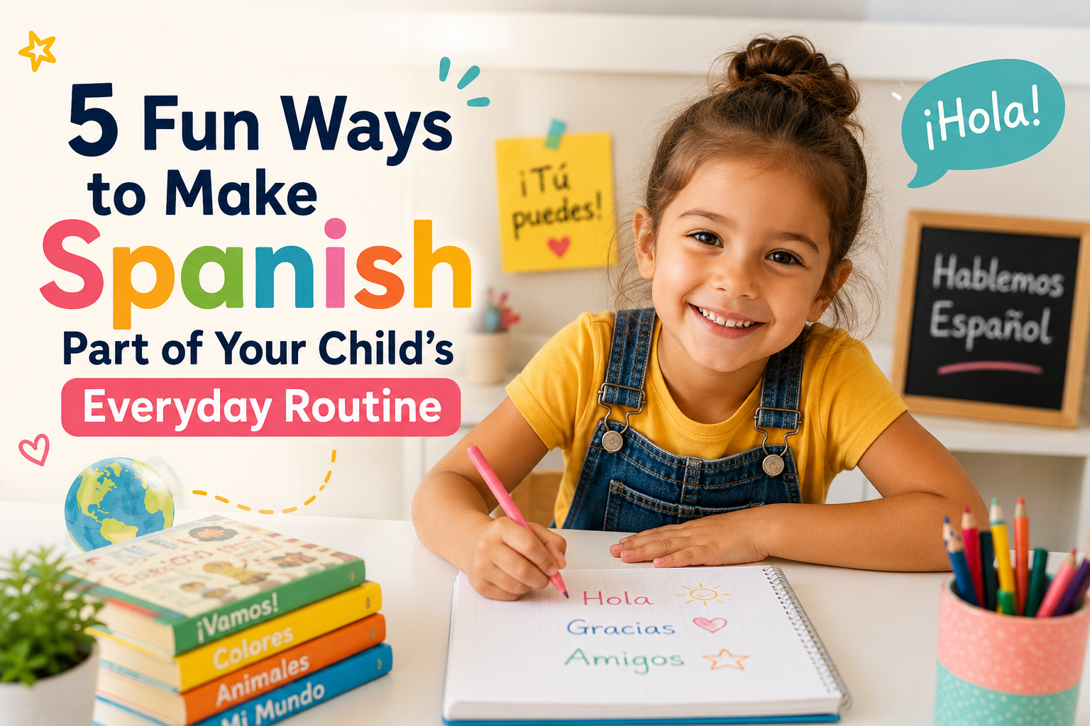 The original article banner: a girl writing hola, gracias and amigos in a notebook, under the title 5 Fun Ways to Make Spanish Part of Your Child's Everyday Routine