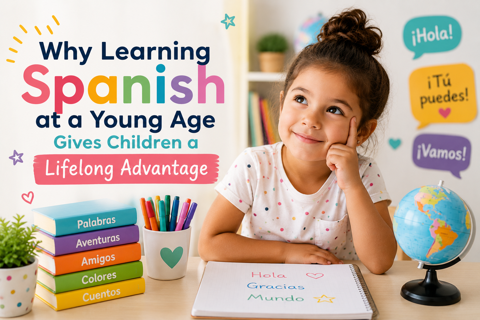 The original article banner: a girl daydreaming beside a globe and Spanish word books, under the title Why Learning Spanish at a Young Age Gives Children a Lifelong Advantage