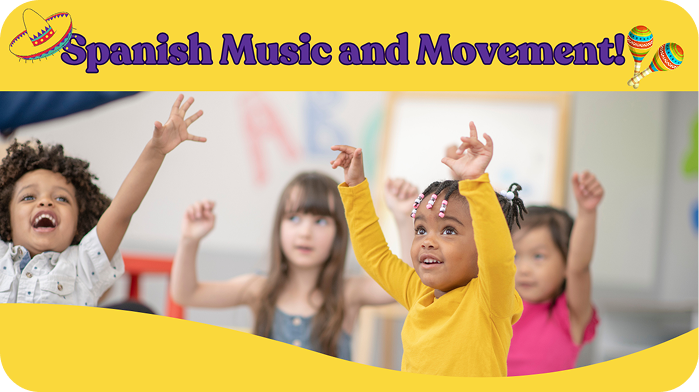 Spanish Music and Movement class card showing children singing with raised hands