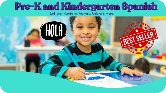 Pre-K and Kindergarten Spanish class card showing a smiling child at a table