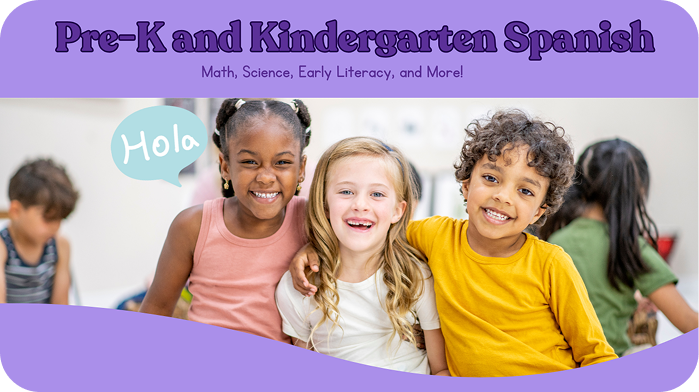 Pre-K and Kindergarten Spanish literacy and math class card showing three smiling children