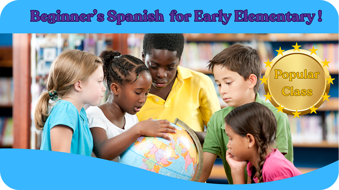 Beginner Spanish for Early Elementary class card showing children reading around a globe